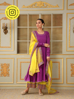 POMCHA - Saadgi Purple Bagni Lace Anarkali Kurta with Palazzo and Dupatta (Set of 3)