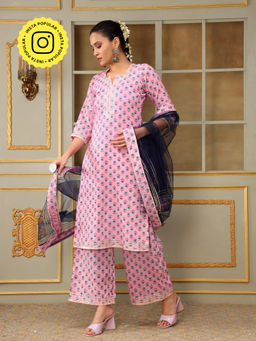 POMCHA - Saadgi Blue Paisley Pink Wide Kurta with Palazzo and Dupatta (Set of 3)