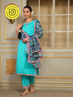 POMCHA - Saadgi Blue Phulwari Straight Kurta with Pant and Dupatta (Set of 3)
