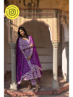 POMCHA - Monsoon Lilly Purple Cotton Anarkali Kurta with Pant and Dupatta (Set of 3)
