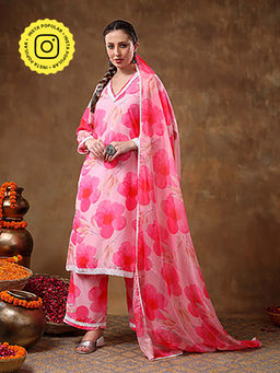 POMCHA - Meraki Maya Floral Pink Muslin Kurta with Palazzo and Dupatta (Set of 3)