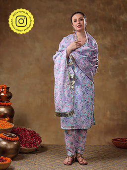 POMCHA - Meraki Jiya Lavender Floral Kurta with Pant and Dupatta (Set of 3)