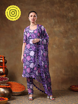 POMCHA - Meraki Gilbane Purple Floral Kurta with Pant and Dupatta (Set of 3)