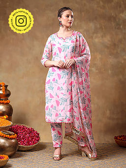 POMCHA - Meraki Aamira Pink Floral Muslin Kurta with Pant and Dupatta (Set of 3)