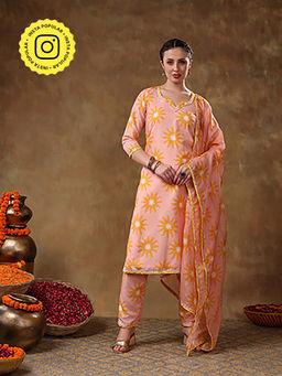 POMCHA - Meraki Naila Peach Muslin Printed Kurta with Pant and Dupatta (Set of 3)