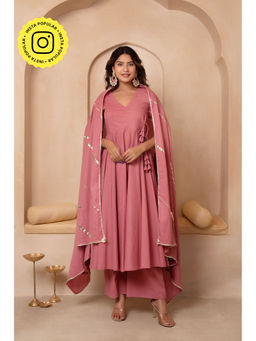 POMCHA - Dhoop Chaav Mira Dusty Pink Cotton Angrakha with Palazzo and Dupatta (Set of 3)