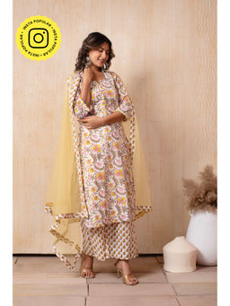 POMCHA - Dhoop Chaav Off White Hand Block Print Kurta with Palazzo and Dupatta (Set of 3)
