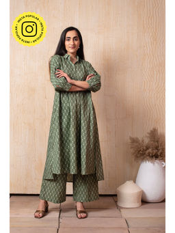 POMCHA - Dhoop Chaav Aisha Green Hand Block Co-Ord (Set of 2)
