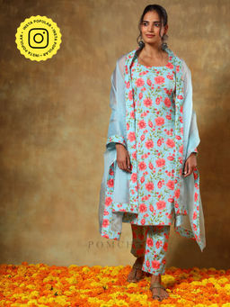 POMCHA - Guzarish Blue Floral Kurta with Pant and Dupatta (Set of 3)