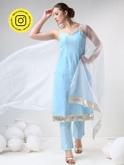 POMCHA - Sadabhar Aqua Blue Cotton Silk Kurta with Pant and Dupatta (Set of 3)