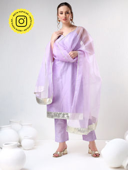 POMCHA - Sadabhar Lilac Cotton Silk Purple Kurta with Pant and Dupatta (Set of 3)