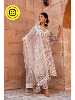 POMCHA - Chhipa Bazar Green Cream Garden Rose Hand Block Kurta with Pant and Dupatta (Set of 3)