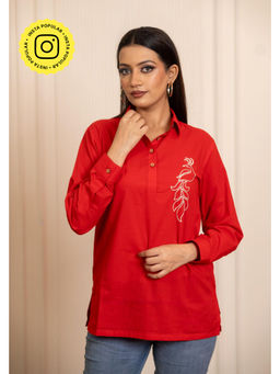 POMCHA - Sukoon Peacock Motif Red Tunic Top