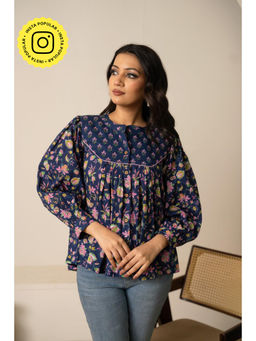 POMCHA - Sukoon Navy Blue Bloom Cotton Hand Block Top