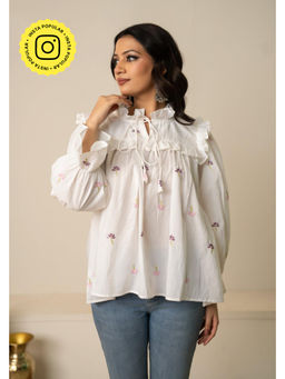 POMCHA - Sukoon White Tie-Front Embroidery Cotton Top