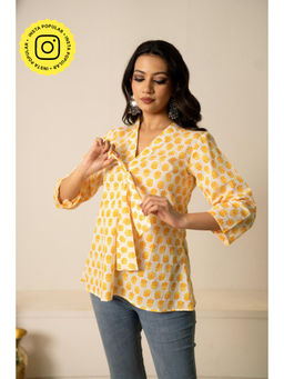 POMCHA - Sukoon The Dotty Yellow Cotton Hand Block Tunic Top