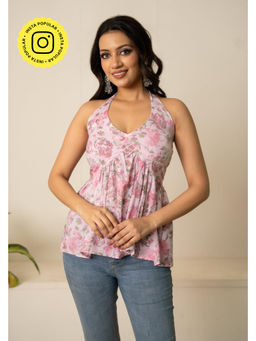 POMCHA - Sukoon Pastel Floral Halter Neck Hand Block Cotton Top