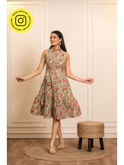 POMCHA - Sukoon Sage Blooms Cotton Floral Knee Length Dress