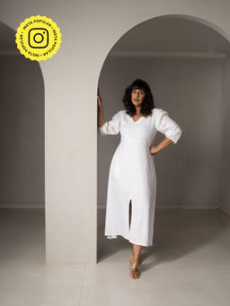 WHY SO BLUE - Amal Linen Slit White Dress
