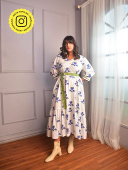 WHY SO BLUE - Shay White Printed Long Dress with Belt (Set of 2)