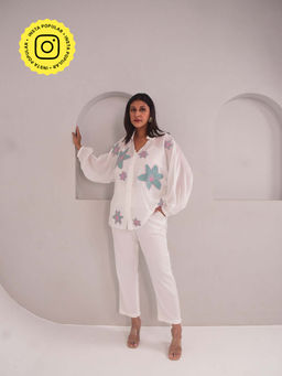 WHY SO BLUE - Dana Applique Modal White Blue Shirt with Pant and Slip (Set of 3)