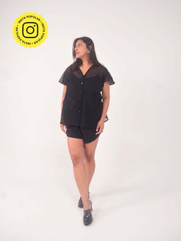 WHY SO BLUE - Nova Applique Cotton Net Black Shirt with Shorts and Slip (Set of 3)