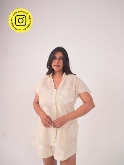 WHY SO BLUE - Cam Applique Cotton Net Beige Shirt with Shorts and Slip (Set of 3)