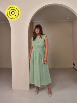WHY SO BLUE - Womens Green Mei Chanderi Pintuck Dress