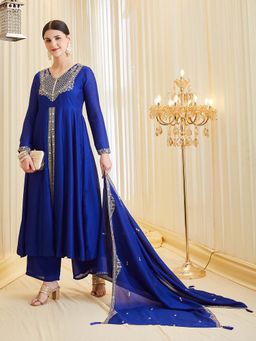 MOKOSH - Blue Embroidered V-Neck Anarakali Kurta Palazzo & Dupatta