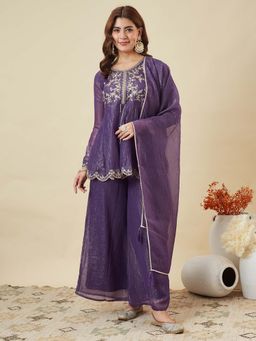 MOKOSH - Purple Embroidered Round Neck Kurti Palazzo & Dupatta