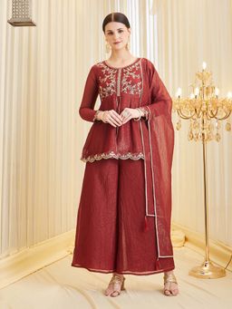 MOKOSH - Maroon Embroidered Round Neck Kurti Palazzo & Dupatta