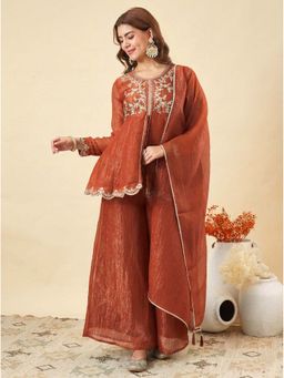 MOKOSH - Rust Embroidered Round Neck Kurti Palazzo & Dupatta