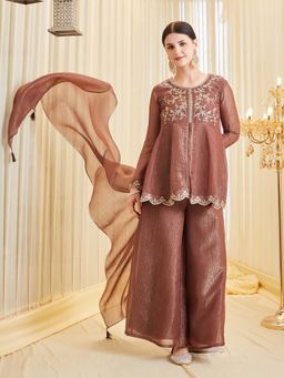 MOKOSH - Brown Embroidered Round Neck Kurti Palazzo & Dupatta