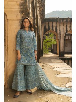TERHA TAALI - Blue Floral Round Neck Kurta Palazzo & Dupatta