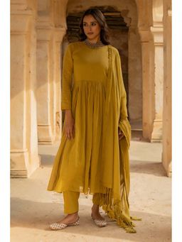 TERHA TAALI - Mustard Solid/Plain Round Neck Anarkali Kurta Pant & Dupatta
