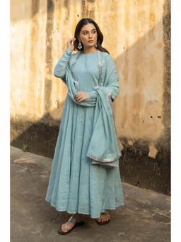 TERHA TAALI - Turquoise Embroidered Round Neck Anarkali Kurta Pant & Dupatta