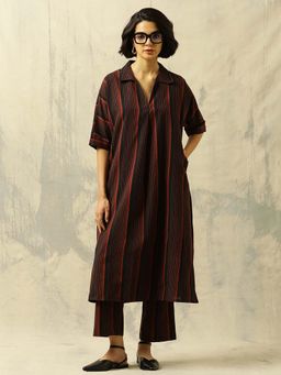Black & Blah Blah - Black Stripes Collar Neck Kurta & Pant