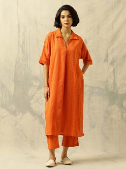 Black & Blah Blah - Orange Embroidered Collar Neck Kurta & Pant