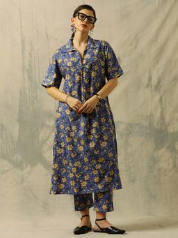 Black & Blah Blah - Blue Floral Collar Neck Kurta & Pant