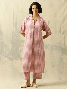 Black & Blah Blah - Pink Stripes Collar Neck Kurta & Pant
