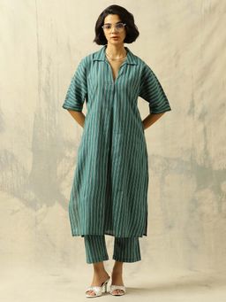 Black & Blah Blah - Teal Stripes Collar Neck Kurta & Pant