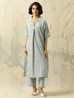 Black & Blah Blah - Grey Stripes Collar Neck Kurta & Pant