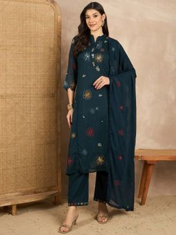 CHETI - Teal Embroidered Mandarin Neck Kurta Pant & Dupatta