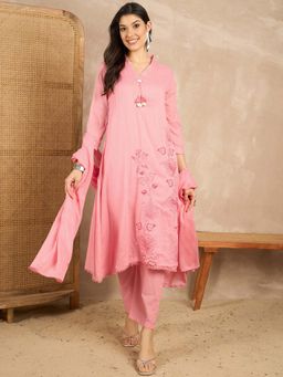 CHETI - Pink Embroidered V-Neck Kurta Pant & Dupatta