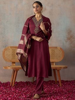 HRITIKA - Maroon Embroidered V-Neck Kurta Pant & Dupatta