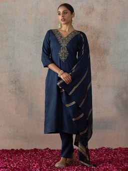 HRITIKA - Navy Blue Embroidered V-Neck Kurta Pant & Dupatta