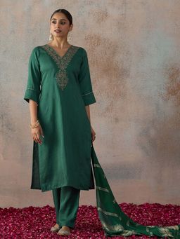 HRITIKA - Turquoise Embroidered V-Neck Kurta Pant & Dupatta