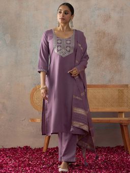 HRITIKA - Lavender Embroidered Round Neck Kurta Pant & Dupatta