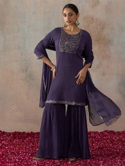 HRITIKA - Purple Embellished/Sequined Round Neck Kurta Sharara & Dupatta