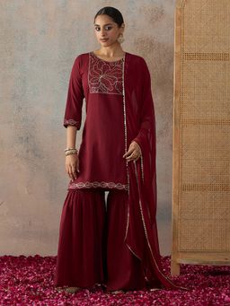 HRITIKA - Maroon Embellished/Sequined Round Neck Kurta Sharara & Dupatta